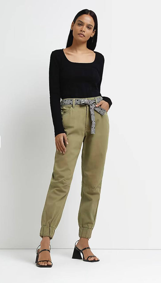 Pantaloni jogger khaki cu curea